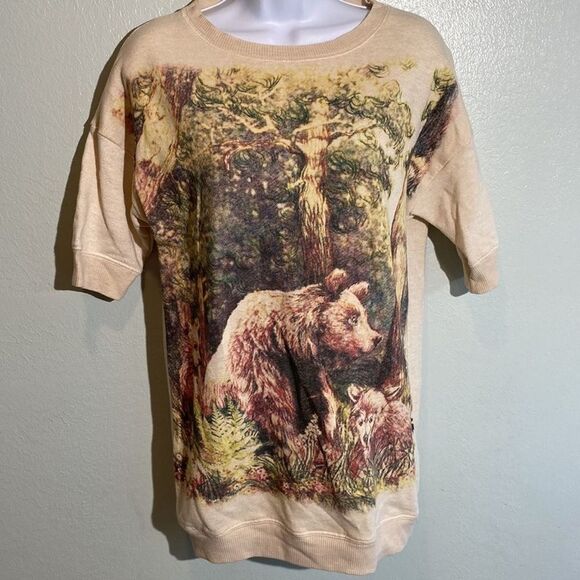 Zara Basic T Shirt, novelty bear woods nature print, long line cream, s - Picture 2 of 7